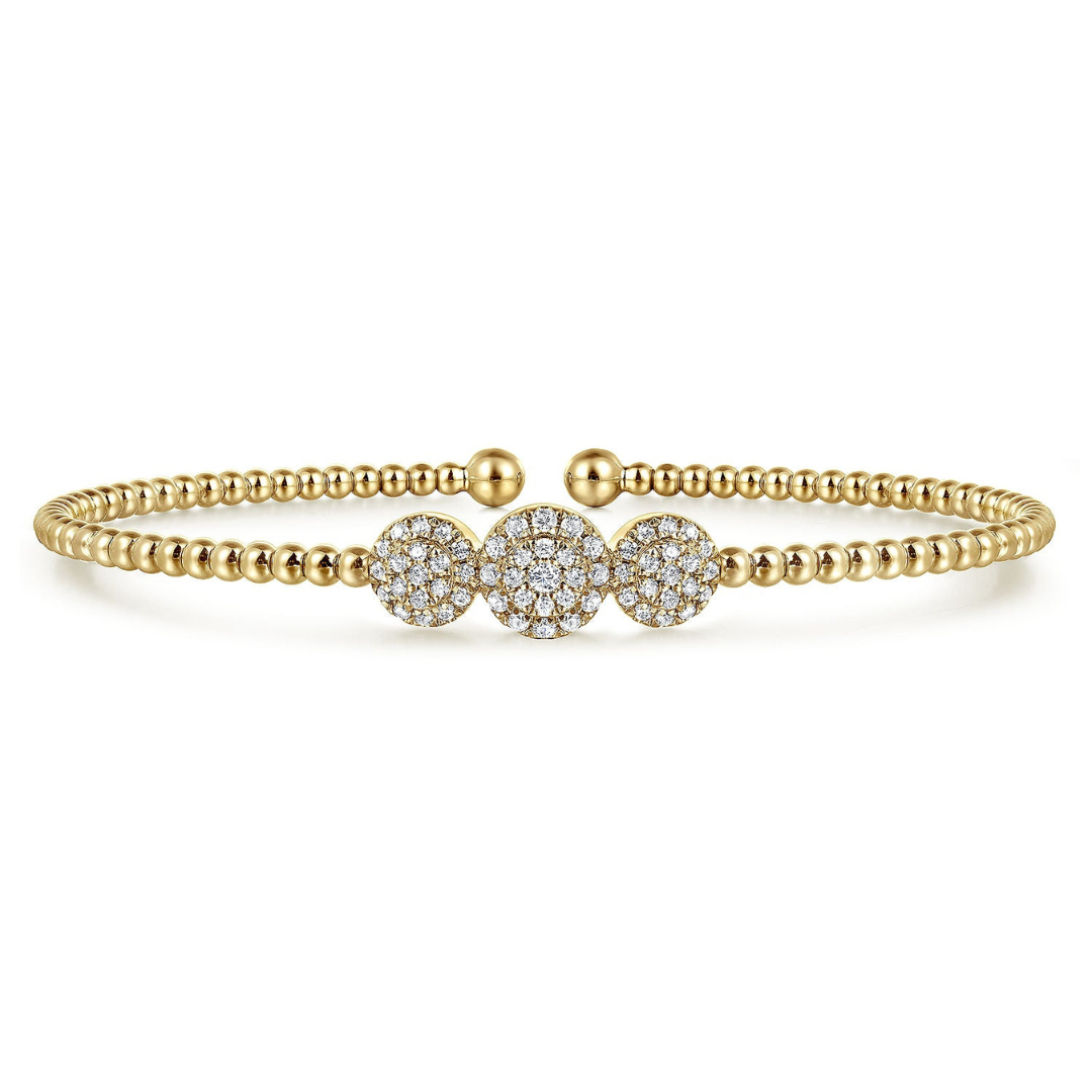 Yellow Gold Bujukan Cuff Bangle With Three Diamond Stations (230573)