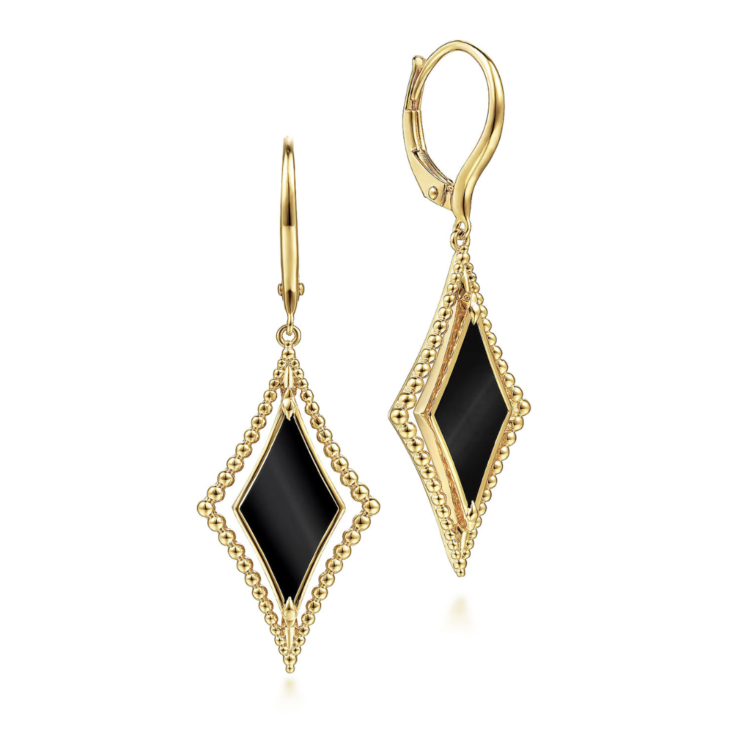 Yellow Gold Bujukan Black Onyx Drop Earrings (165627)