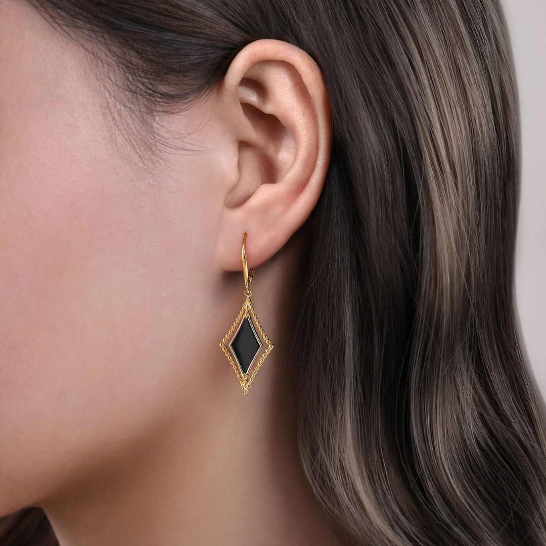 Yellow Gold Bujukan Black Onyx Drop Earrings (165627)