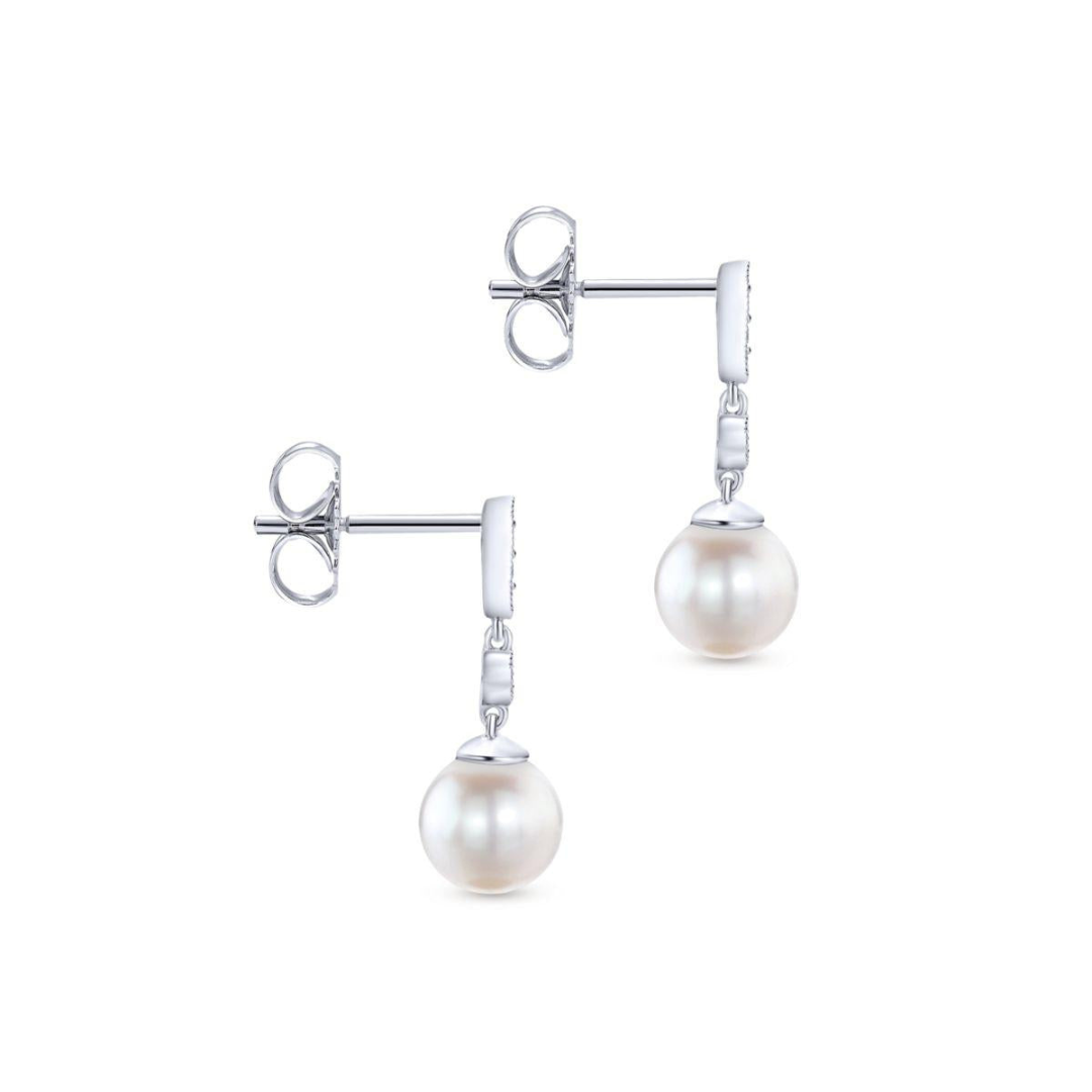 White Gold Vintage Inspired Style Diamond Pearl Drop Earrings (934197)