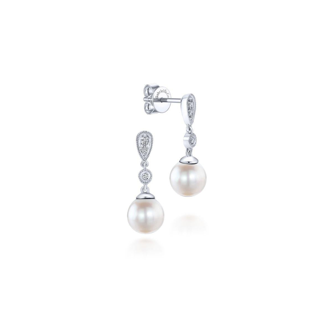 White Gold Vintage Inspired Style Diamond Pearl Drop Earrings (934197)