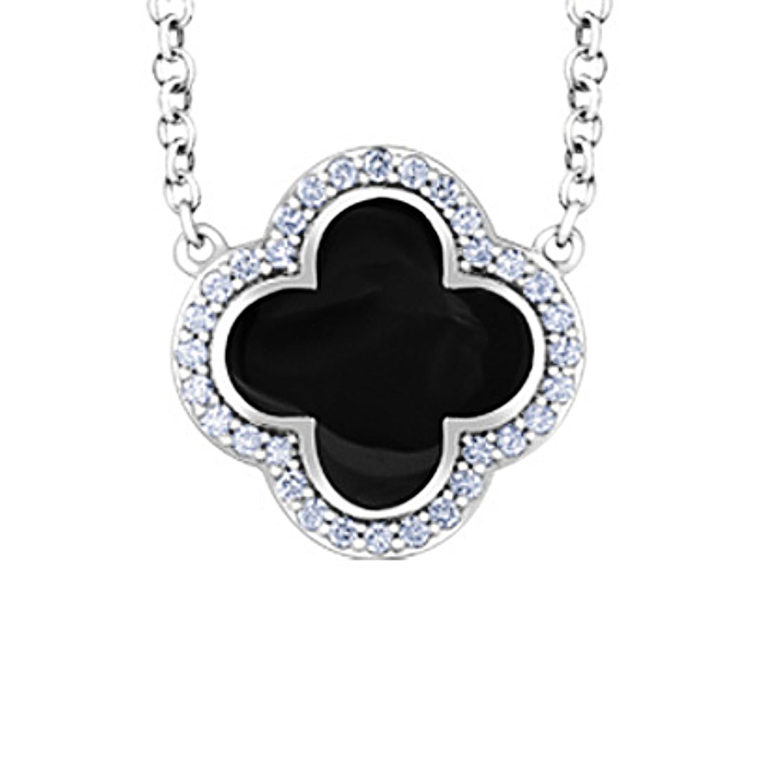 White Gold Black Onyx Clover Necklace (600018)